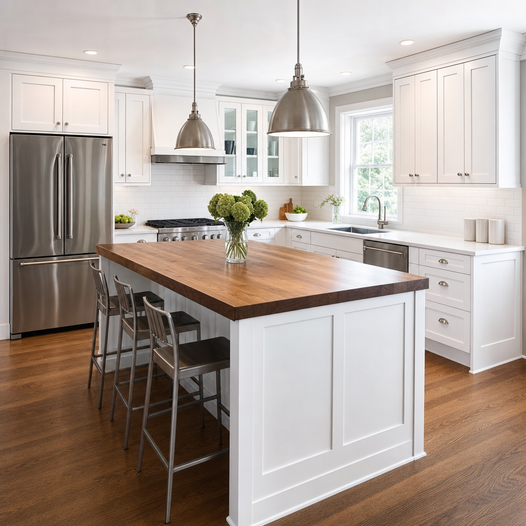 Modern white shaker kitchen with quartz countertops and brushed nickel pendants