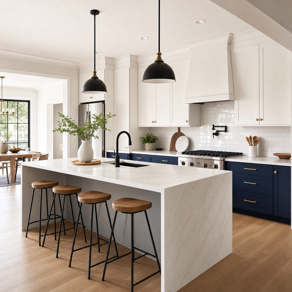 Two-tone navy and white kitchen with marble waterfall island and brass hardware