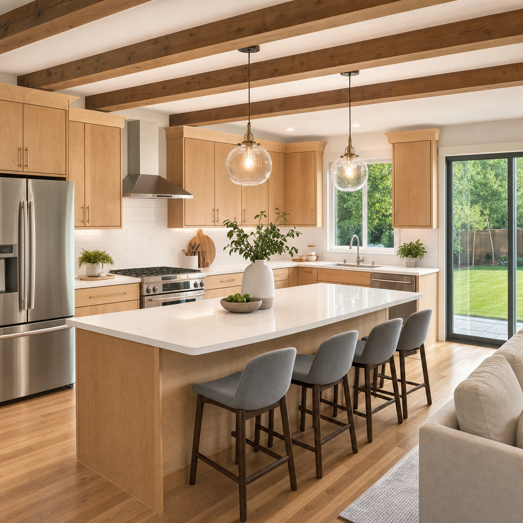 Open-concept kitchen with natural maple cabinets and large center island
