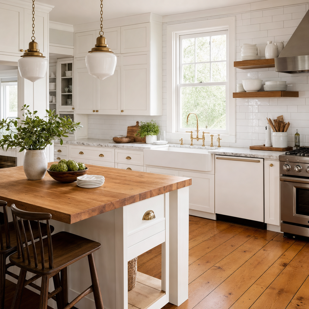 Farmhouse kitchen with butcher block island and apron-front sink