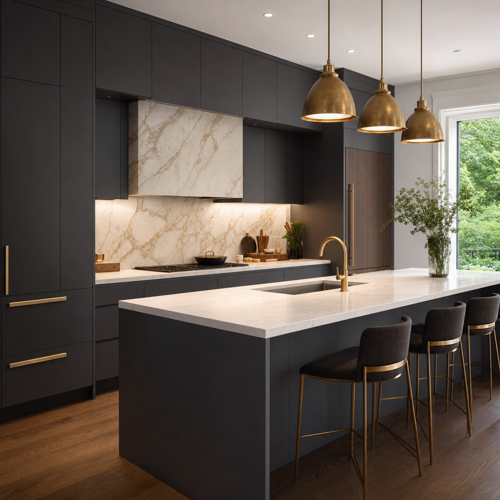 Modern dark slate gray kitchen with white quartz counters and gold pendants