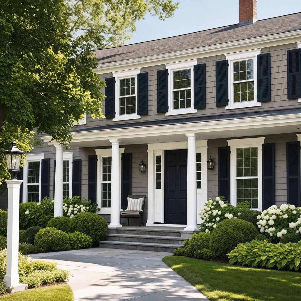 Massachusetts colonial home with new James Hardie cedar-shake siding in warm gray