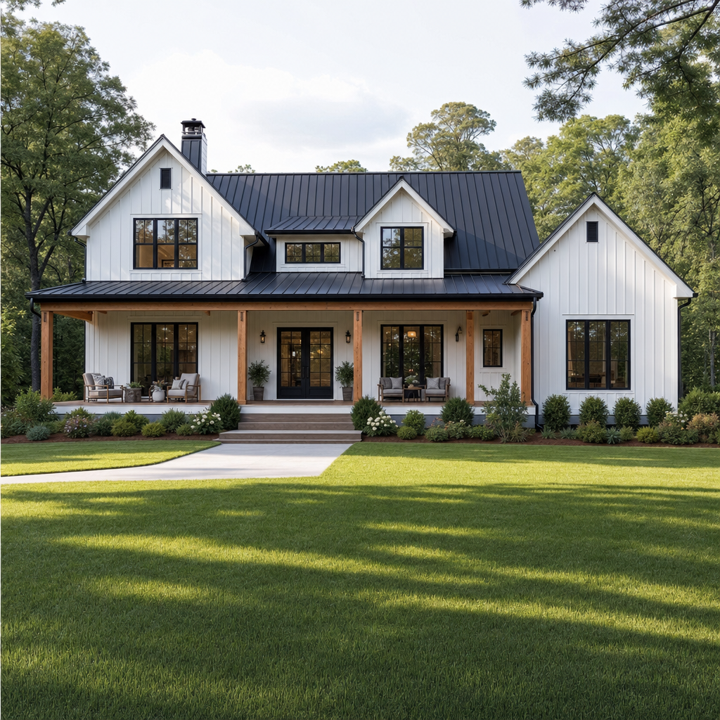 Modern farmhouse with white vinyl board-and-batten siding and black windows