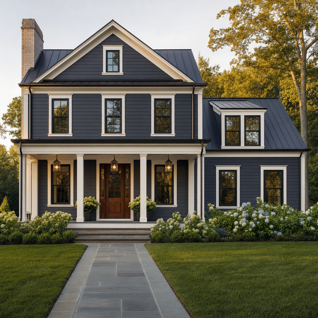 Modern colonial revival with dark charcoal Hardie clapboard siding