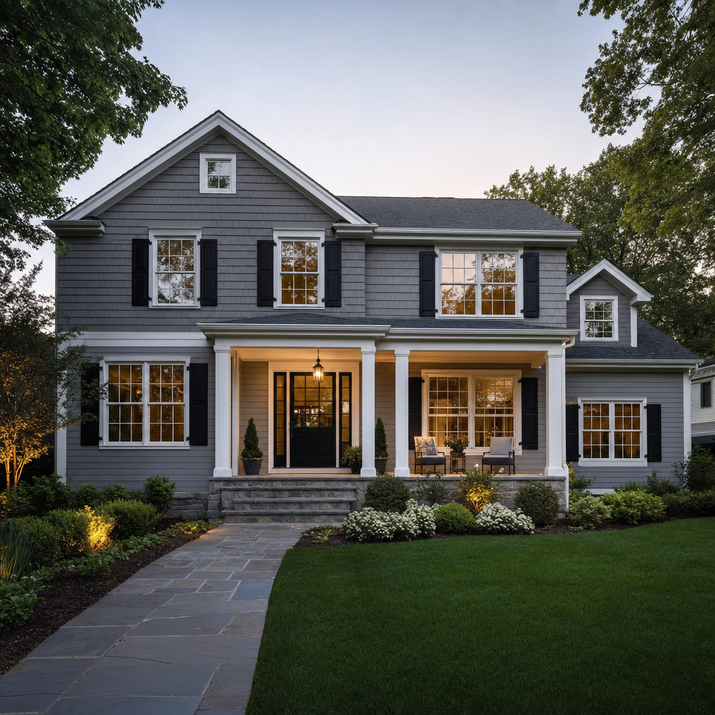 Mixed-material home exterior with Hardie shake upper and clapboard lower