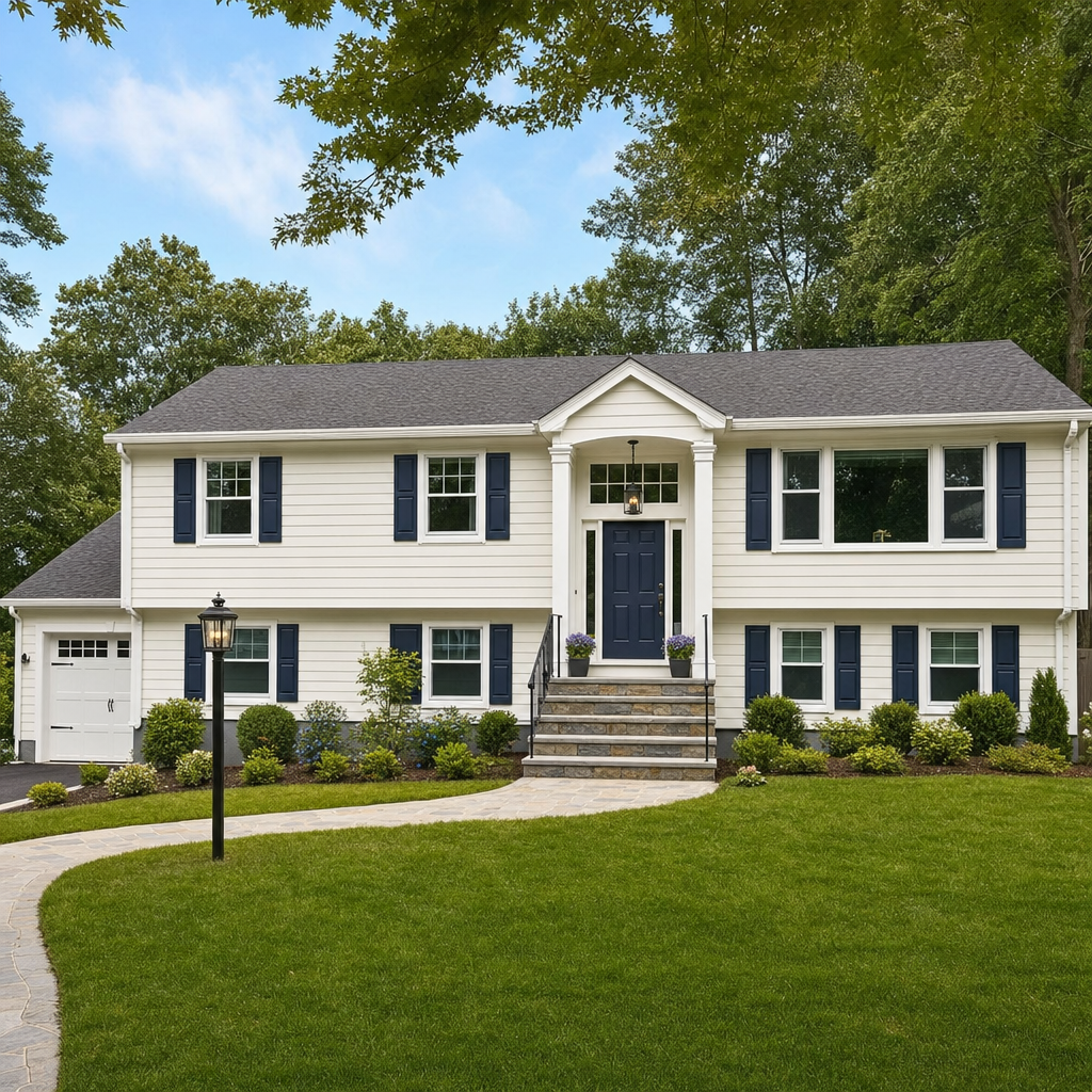 Split-level Massachusetts home with creamy white Hardie clapboard and navy shutters