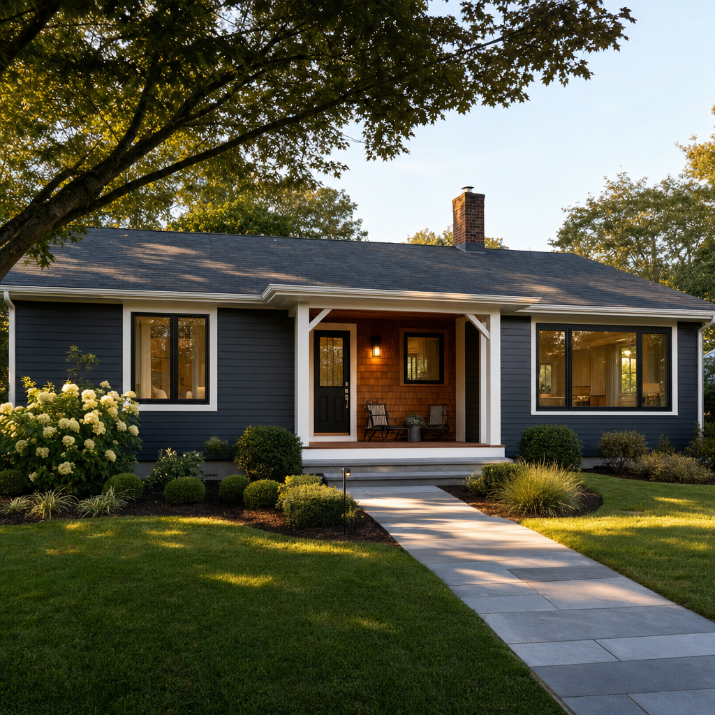 Fully renovated 1960s Massachusetts ranch with charcoal Hardie siding