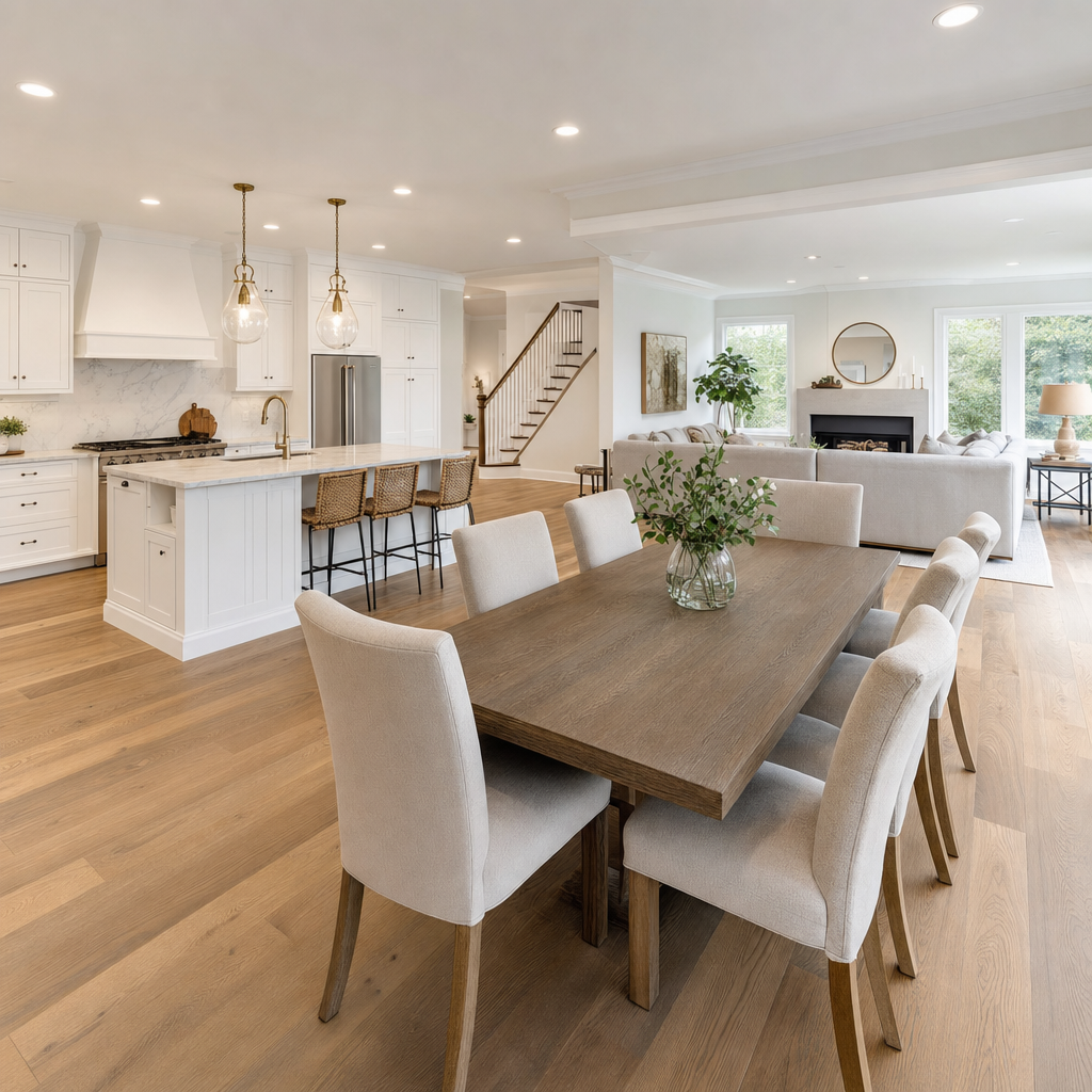 Open-concept interior view of a whole-home renovation with kitchen, dining, and living