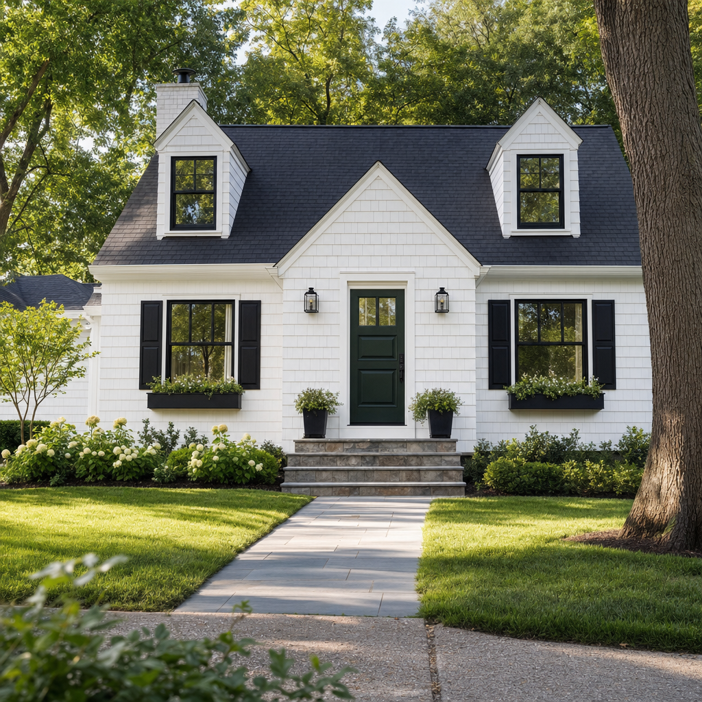 Renovated 1970s Cape Cod with white Hardie shake siding and black shutters