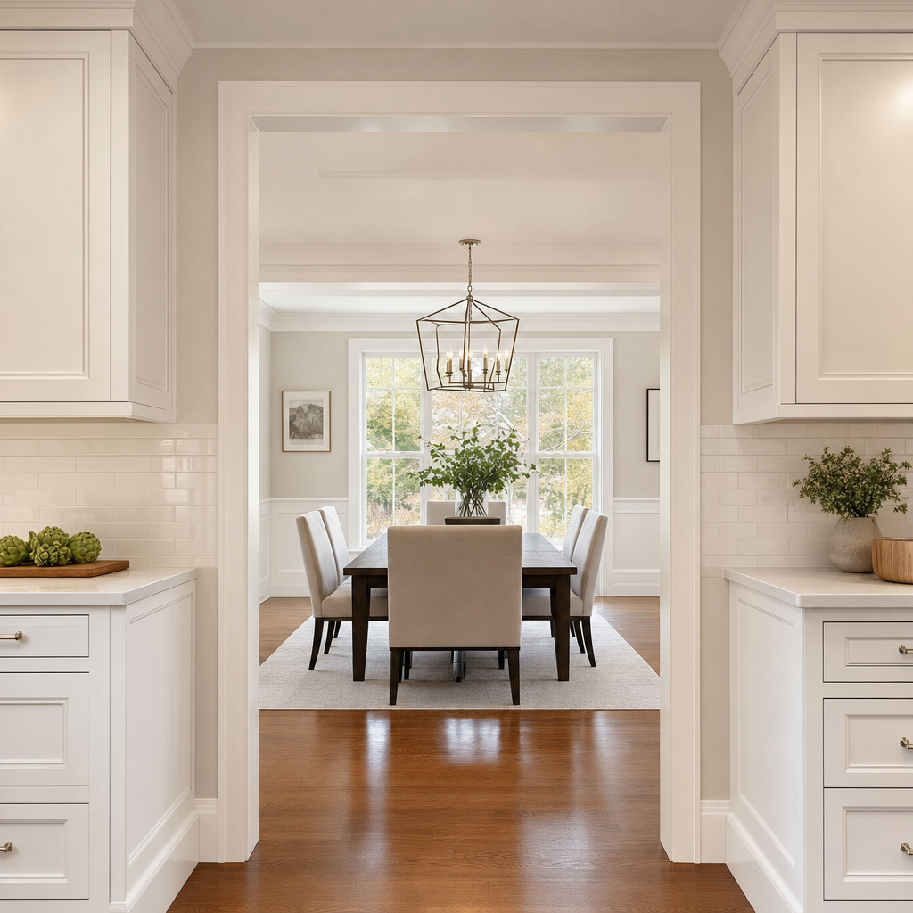 Kitchen-to-dining transition in a whole-home renovation