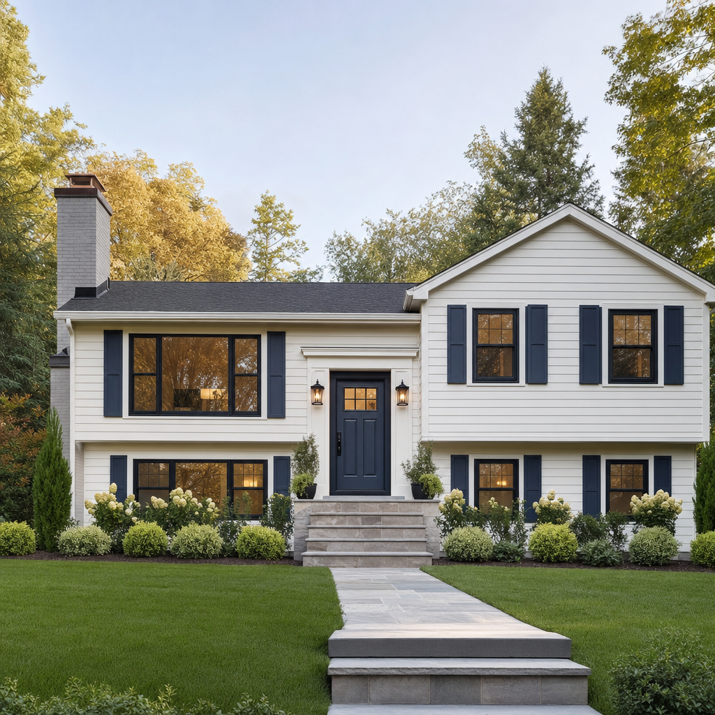 Renovated split-level home with white Hardie clapboard and navy shutters