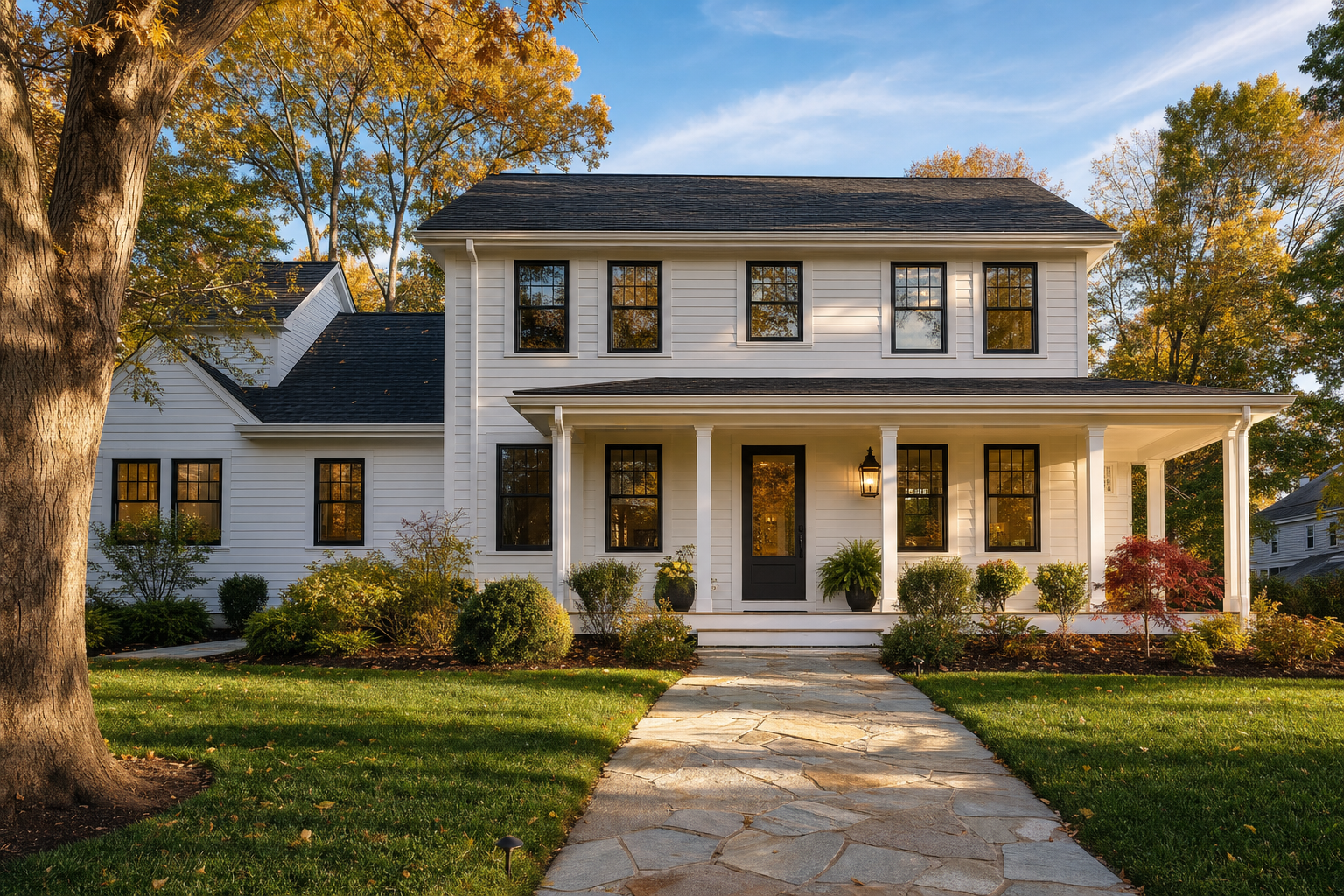 Beautifully renovated New England colonial home with charcoal-grey siding and covered front porch