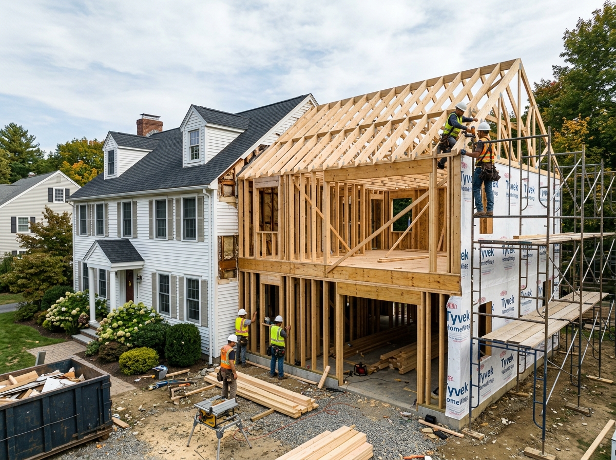 Home addition framing on existing colonial house